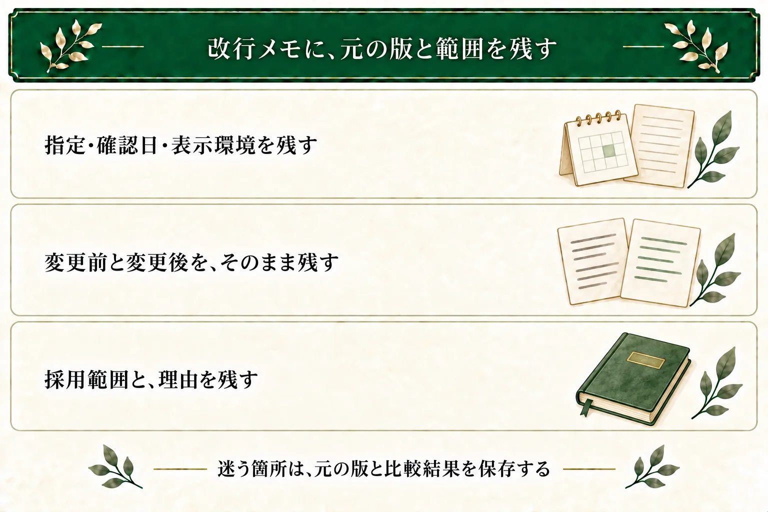 原稿書式メモに投稿先の指定・確認日・表示環境、字下げや改行を含む変更前と変更後、採用する範囲と理由を残す。判断がつかない箇所は保留できる。