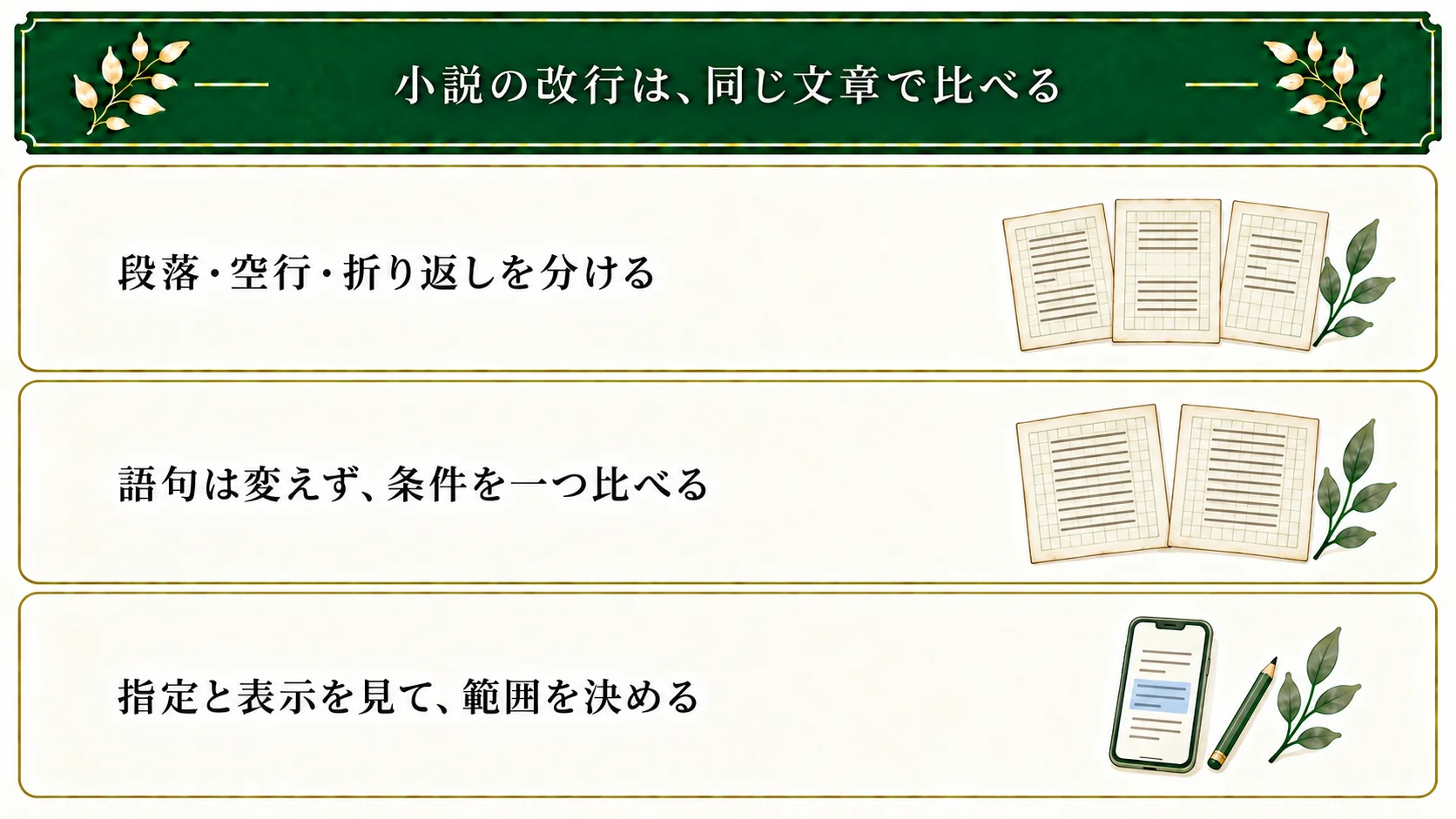 小説の改行は、段落・空行・自動折り返しを分け、同じ文章で条件を一つ変えて比べ、投稿先の指定と表示を見て採用範囲を決める。