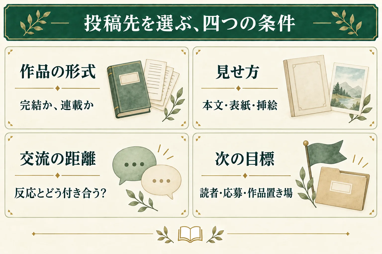 投稿サイトを選ぶ前に、作品の形式、見せ方、交流の距離、次の目標を書き出す。