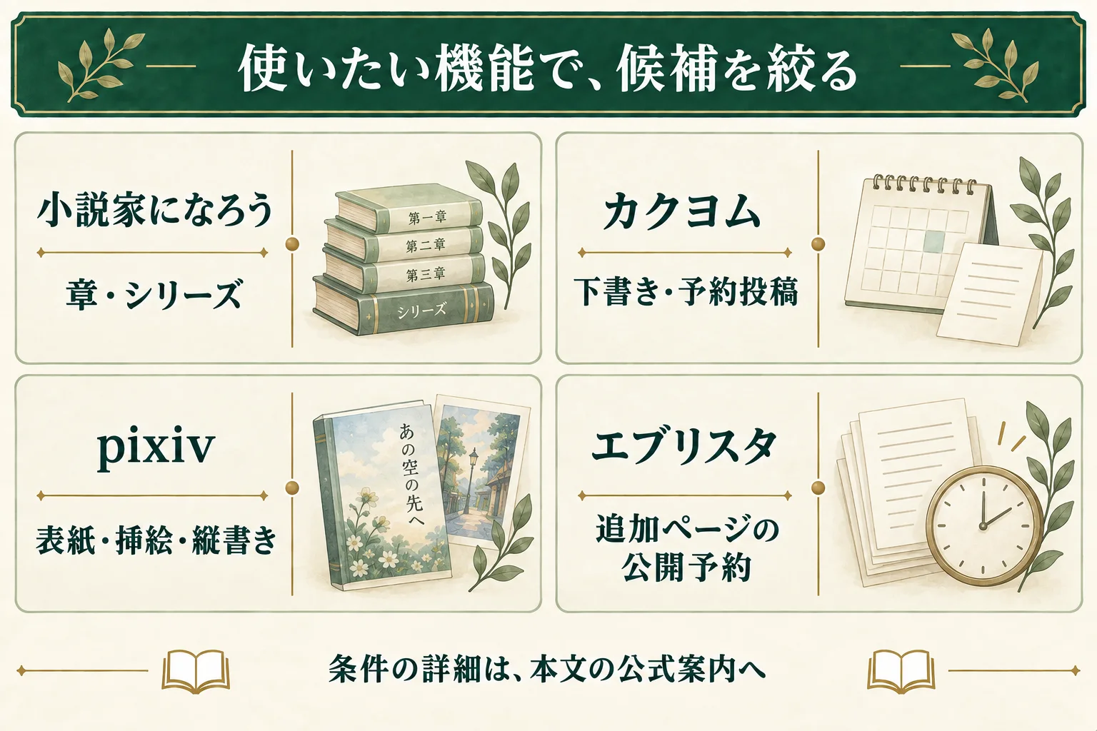 機能の一例は、小説家になろうの章・シリーズ、カクヨムの下書き・予約投稿、pixivの表紙・挿絵・縦書き、エブリスタの追加ページの公開予約。詳細条件は本文の公式案内で確認する。