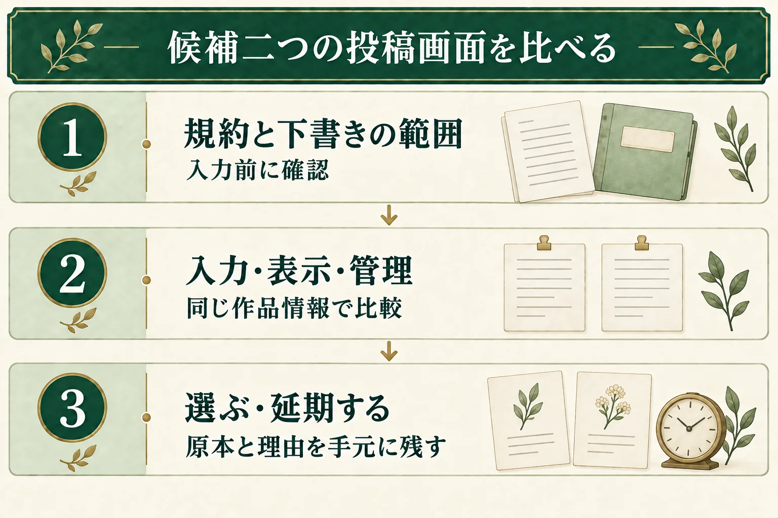 規約と下書きの公開範囲を入力前に確認し、同じ作品情報で入力・表示・管理を比べる。投稿先を選ぶか延期し、原本と判断理由を手元に残す。