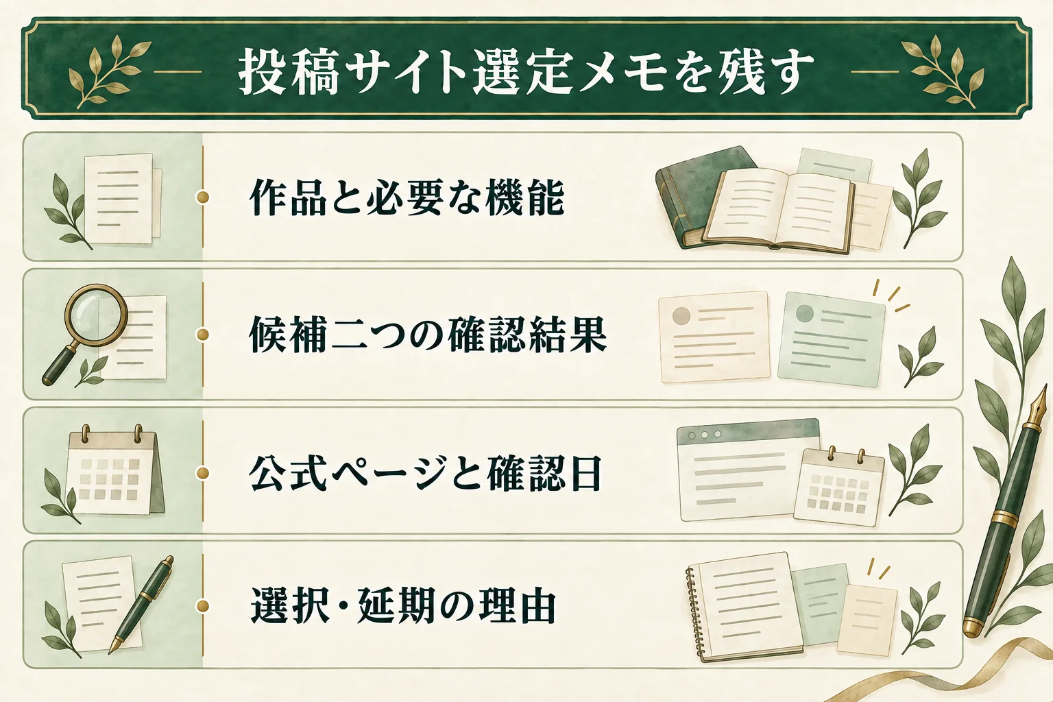 投稿サイト選定メモには、作品と必要な機能、候補二つの確認結果、公式ページと確認日、選択または延期の理由を残す。