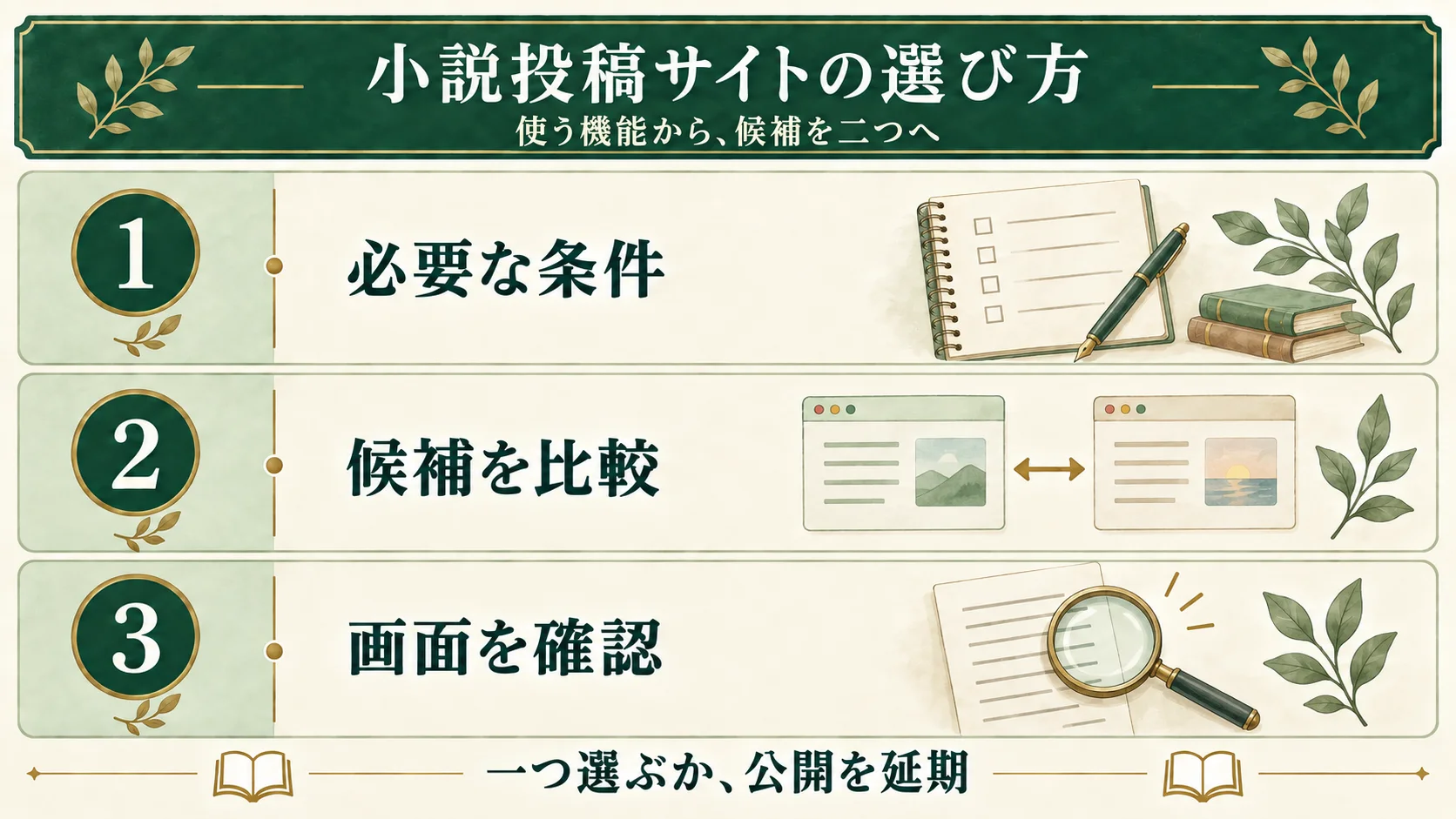 小説投稿サイトは、必要な条件を書き、候補二つを比較し、投稿画面を確認する。合う投稿先を一つ選ぶか、公開を延期する。