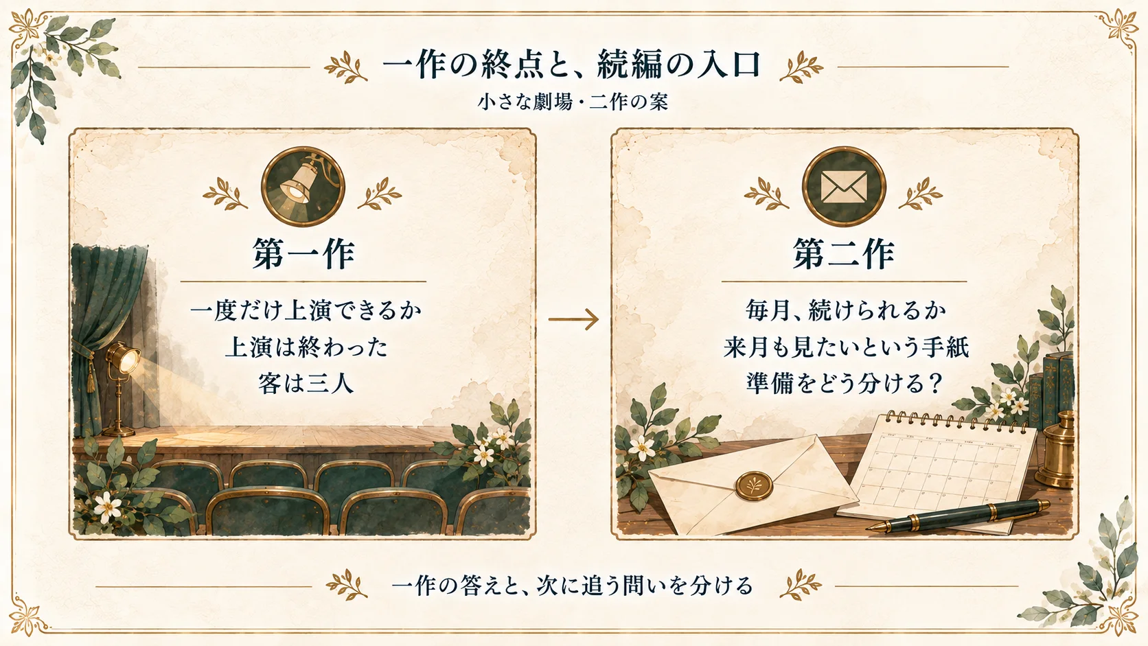 小さな劇場の二作の案。第一作は客三人の上演が終わる。第二作は来月も見たいという手紙から、毎月続けるための準備を考える。