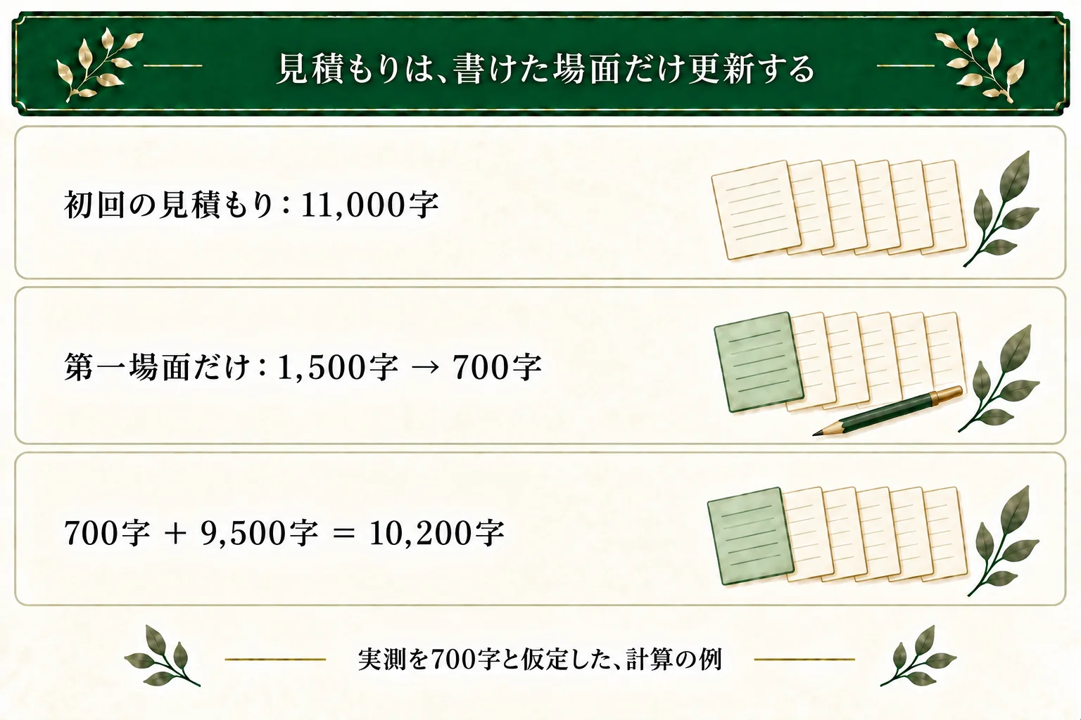 六場面の初回見積もり11,000字から、第一場面の1,500字だけを仮定した実測700字に置き換える。未執筆分の見積もり9,500字を足して暫定10,200字。
