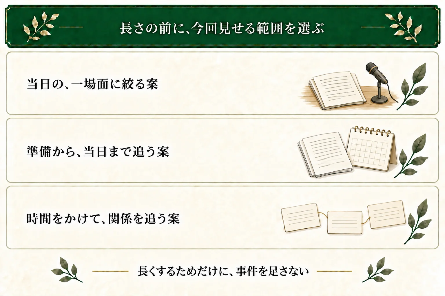 朗読の構想なら、当日の一場面、準備から当日、時間をかけた関係という範囲の案を比べる。長さのためだけに事件を足す必要はない。