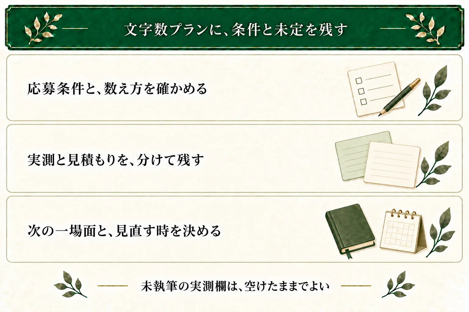 目標文字数プランには応募条件と数え方、実測と見積もり、次に書く場面と見直す時点を残す。未執筆の実測欄は空欄で保存できる。