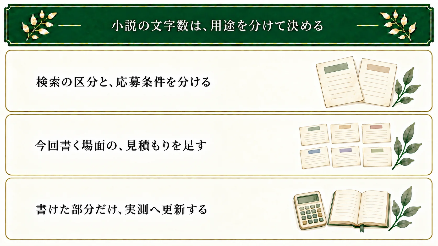 小説の文字数は、検索区分と応募条件を分け、今回書く場面の見積もりを足して、書けた部分だけ実測に更新する。
