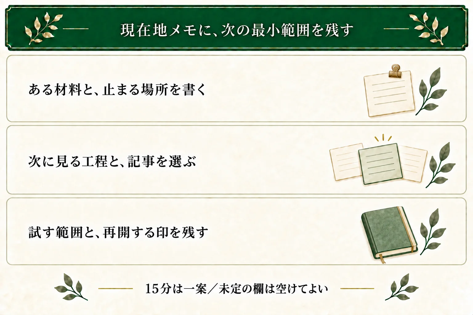 現在地メモにある材料と止まっている場所、次に見る工程と記事、試す範囲と再開の手がかりを残す。15分は目安の一案で未定欄は空けてよい。