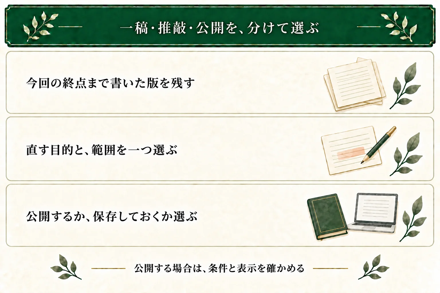 今回の終点まで書いた一稿を残し、推敲する目的と範囲を選び、公開するか保存しておくか判断する。公開時は投稿先の条件と表示を確認する。