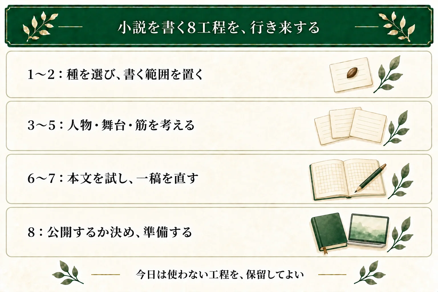 小説作りを種と範囲、人物・舞台・筋、本文と推敲、公開判断の8工程で見る。順番を行き来でき、今日扱わない工程は保留してよい。