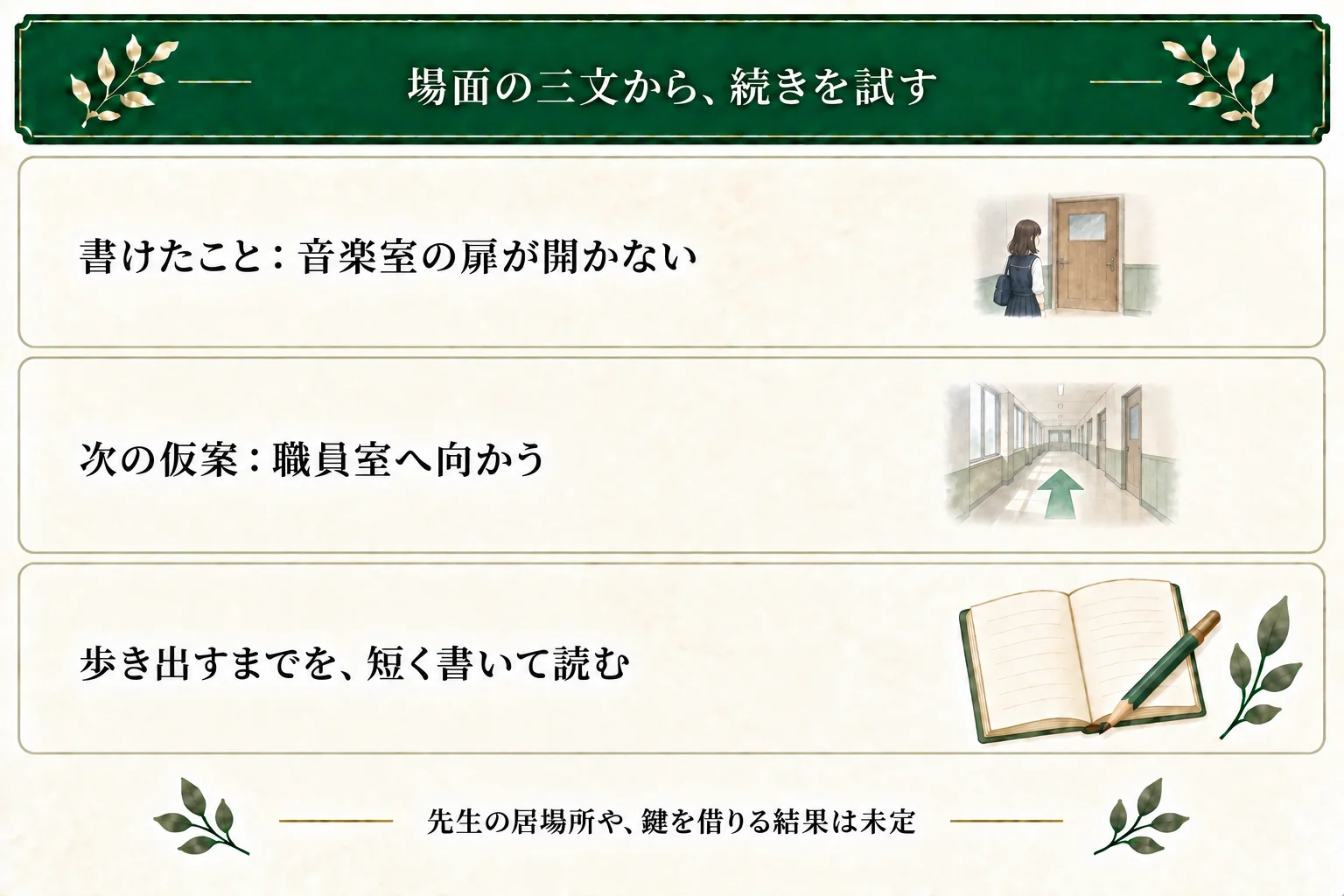 音楽室に戻った葵の三文では扉が開かなかったところまでが書けている。職員室へ向かう案を仮置きし、歩き出すまでを短く試す。先生の居場所と鍵を借りられるかは未定。