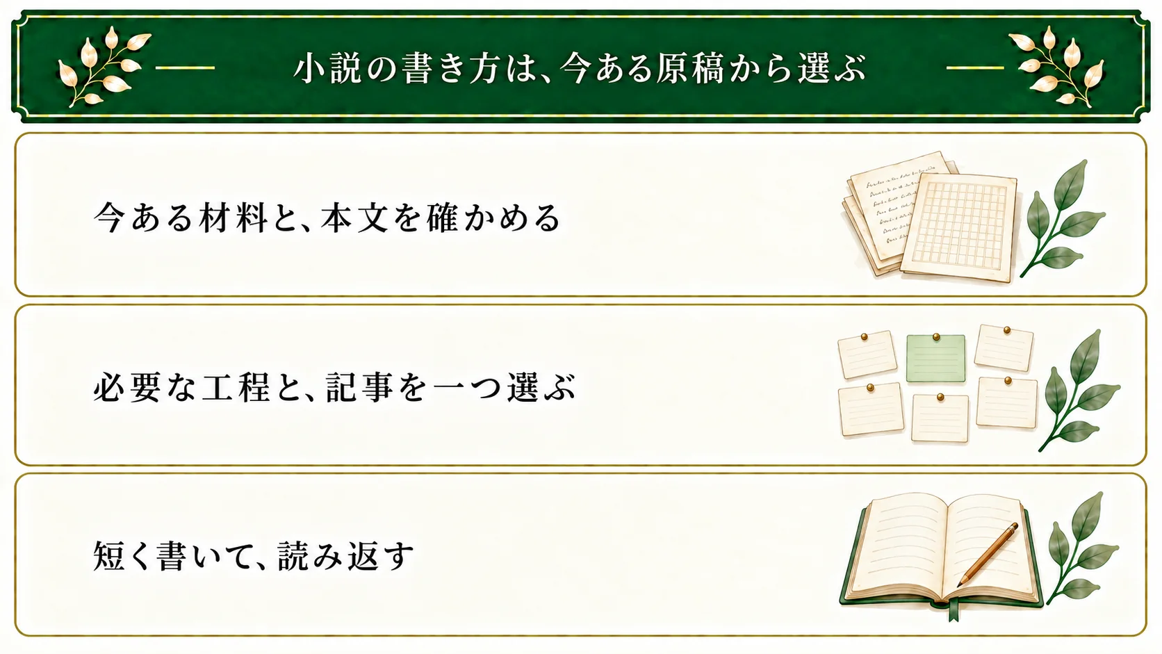 小説を初めて書くときは、今ある材料と本文を確かめ、必要な工程と記事を一つ選び、短く書いて読み返す。