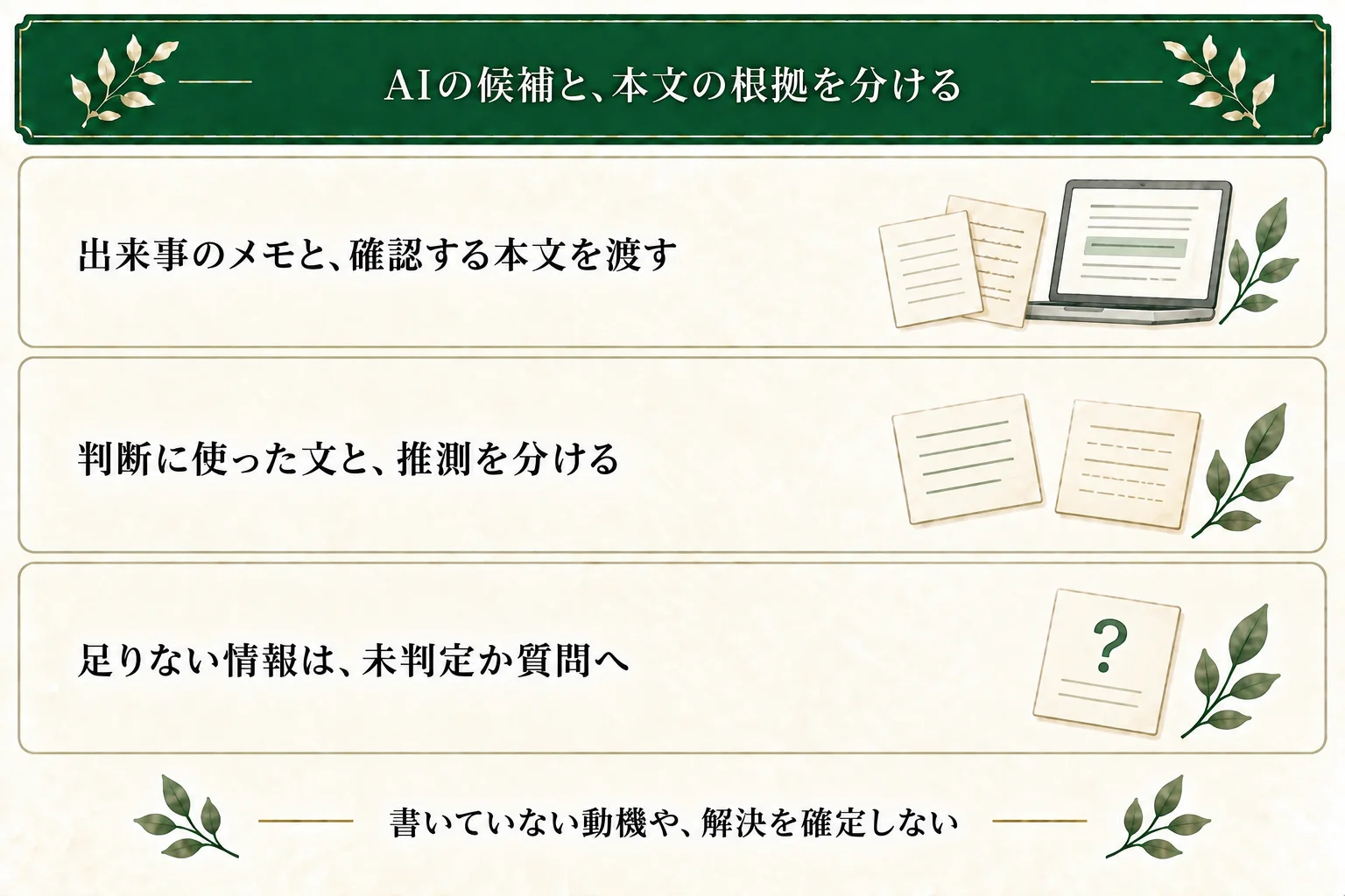 AIには出来事メモと確認する本文を渡し、接続候補と判断根拠を分けてもらう。推測や不足情報を示し、書かれていない動機や解決を決めない。