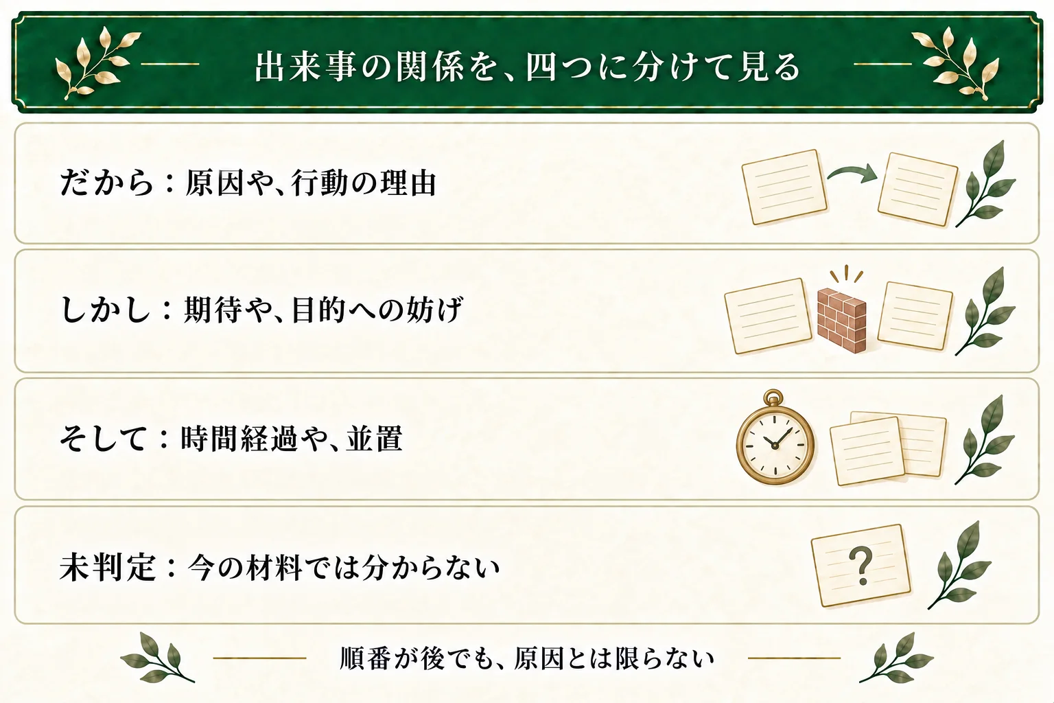 だからは原因や行動の理由、しかしは期待や目的への妨げ、そしては時間経過や並置として点検する。関係が分からなければ未判定にする。