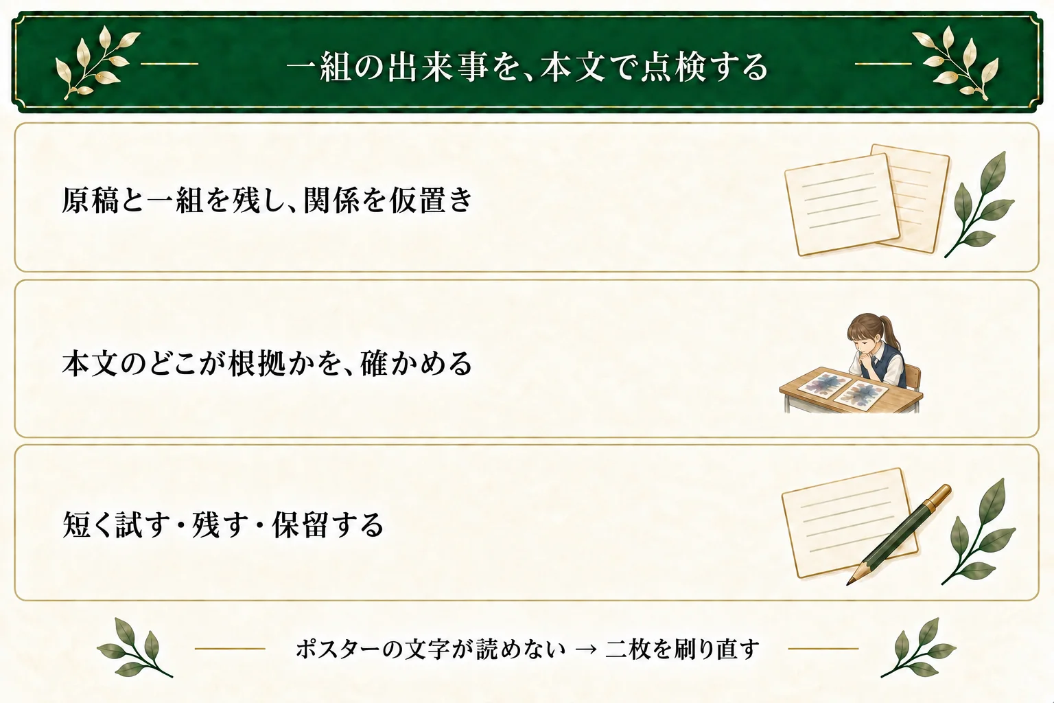 原稿の版と一組の出来事を残し、関係を仮置きして本文根拠を確かめる。雨で二枚のポスターの文字が読めず、刷り直すと決める三段落の作例。