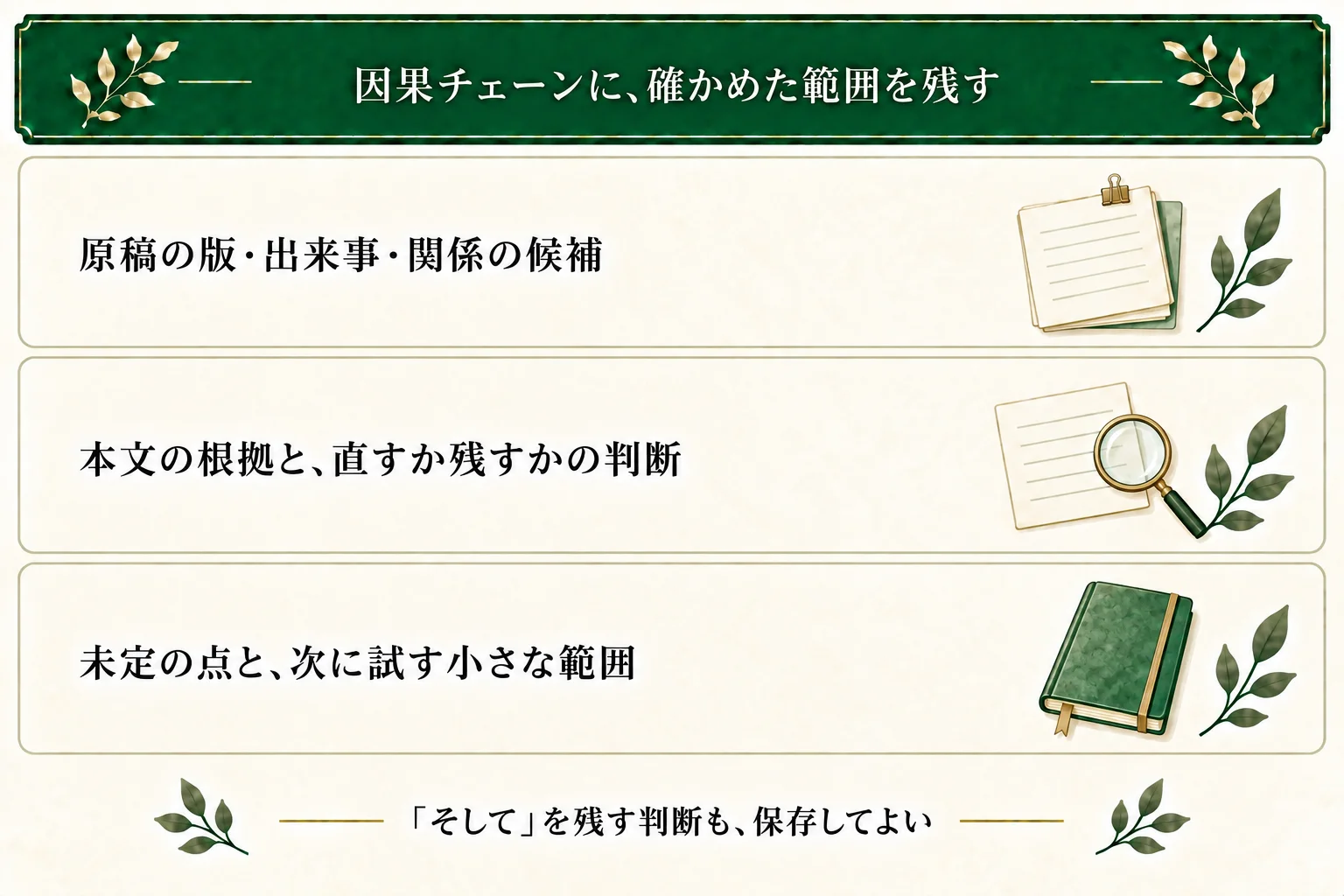 因果チェーンには原稿の版、出来事と関係、本文の根拠、修正か維持かの判断、未定の点と次に試す範囲を保存する。時間経過のそしてを残す判断も扱える。