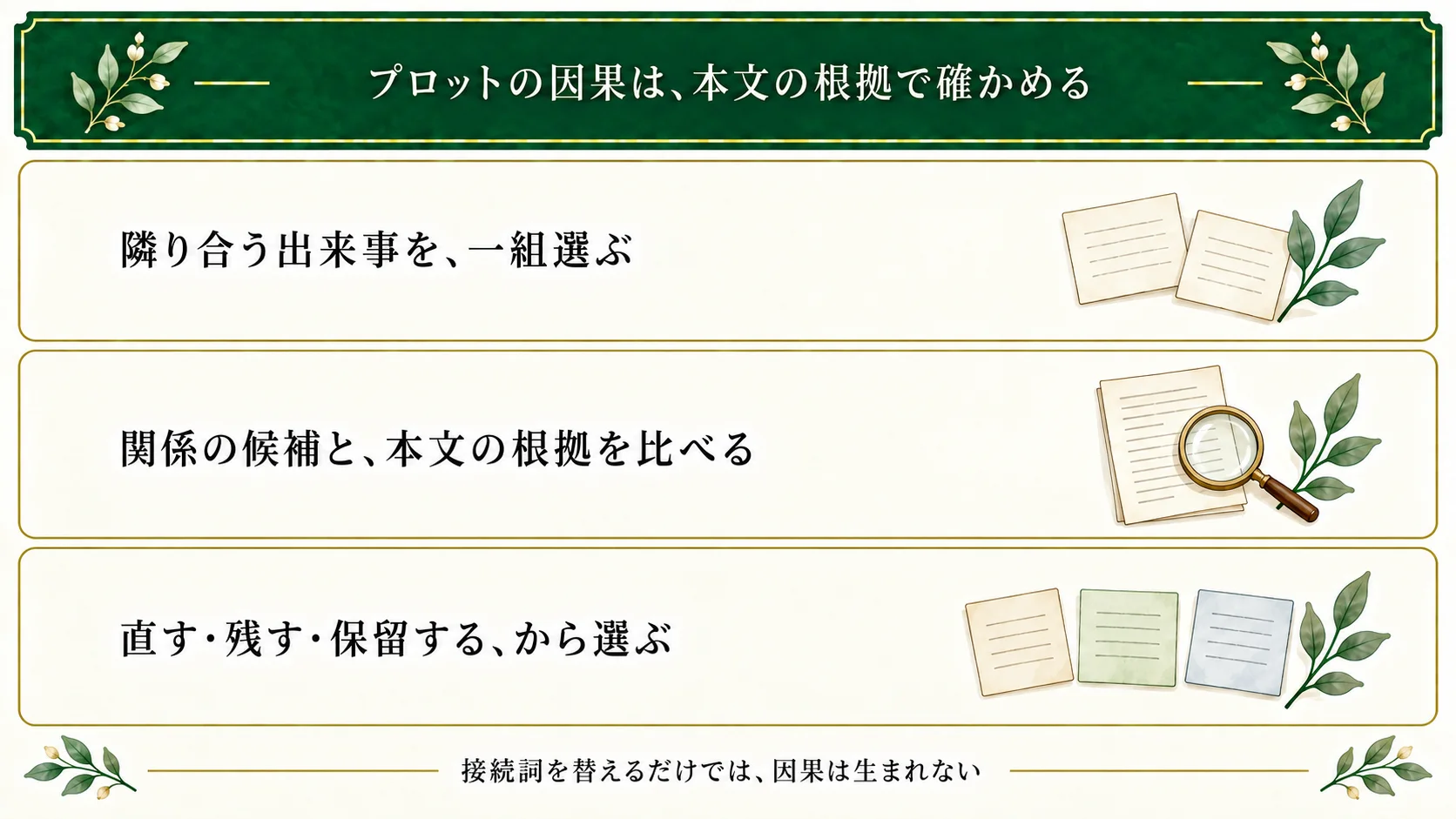 プロットの因果関係は隣り合う一組を選び、関係の候補を本文の根拠と比べ、直す・残す・保留するから判断する。