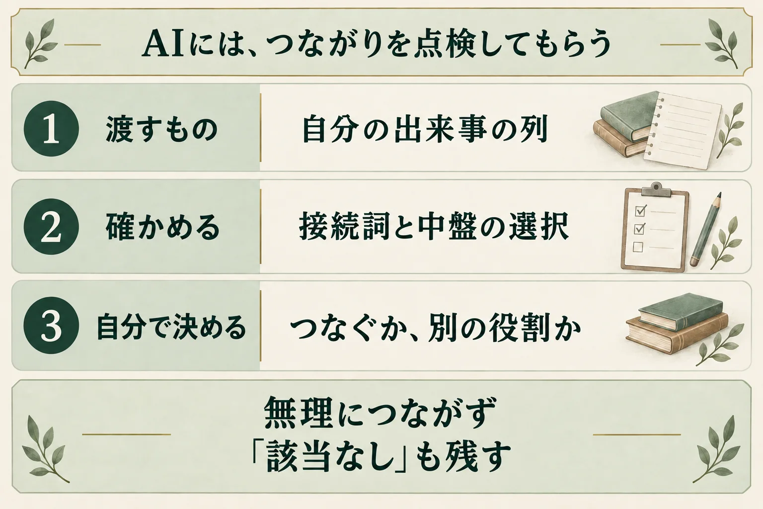 自分の出来事の列をAIへ渡して、接続詞と中盤の選択を点検する。つなぐか別の役割を残すかは自分で決め、該当なしも認める。