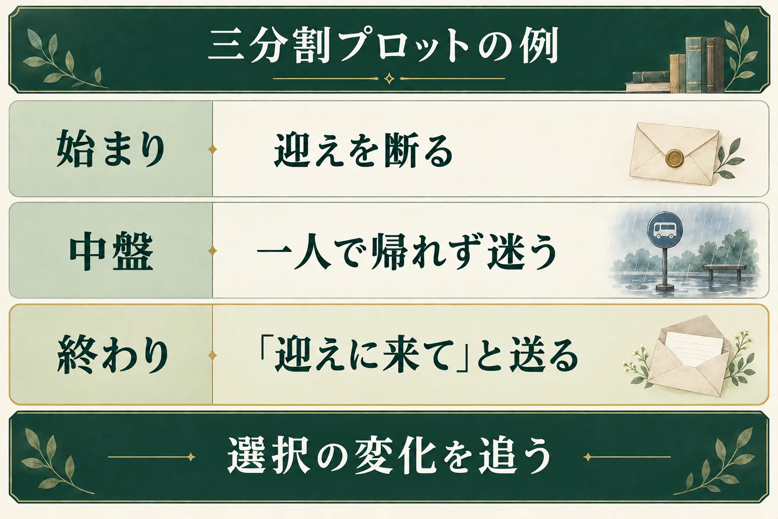 卒業式前夜の三分割プロット。始まりでは迎えを断り、中盤では一人で帰れず迷い、終わりでは迎えに来てと送る。