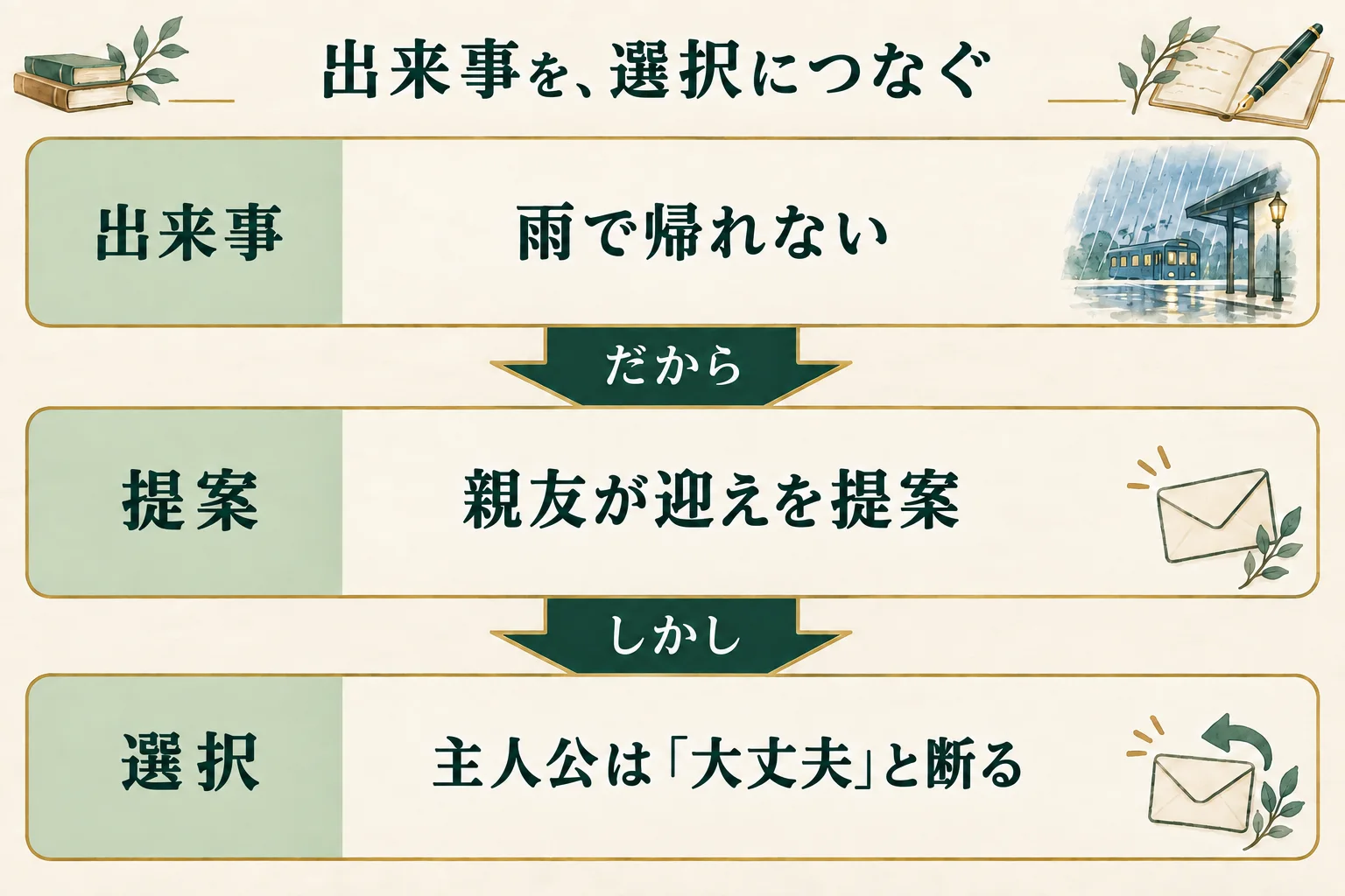 因果と選択の例。雨で帰れない。だから親友が迎えを提案する。しかし主人公は大丈夫と断る。