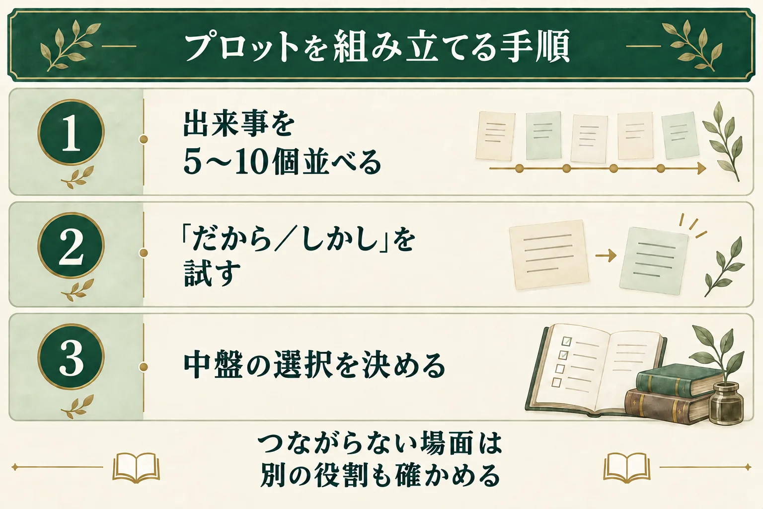 出来事を5〜10個並べ、だから・しかしでつなぎ、中盤の選択を決める。つながらない場面は空気や情報など別の役割も確かめる。