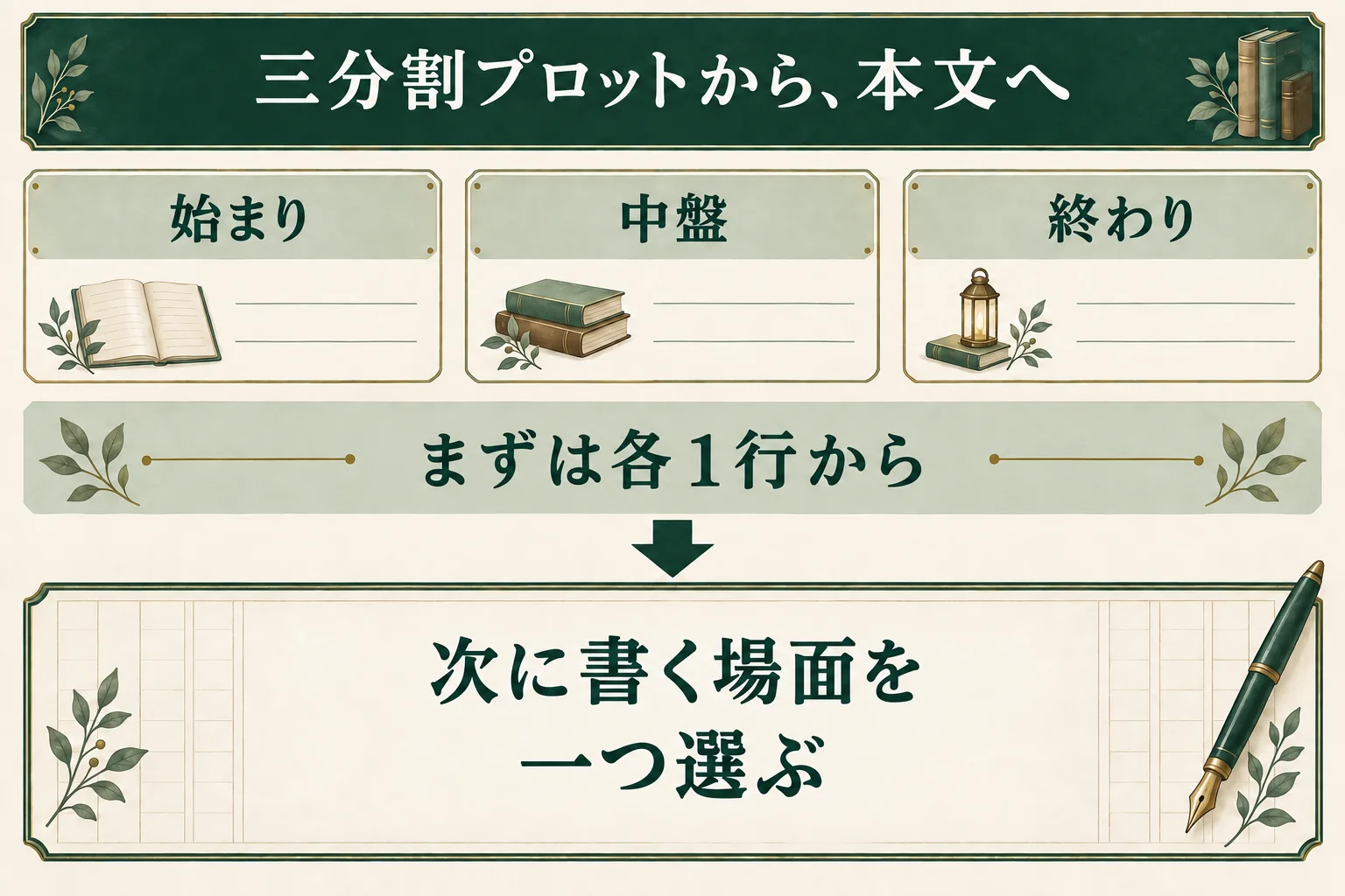 始まり・中盤・終わりをまず各1行で書き、次に本文を書く場面を一つ選ぶ。