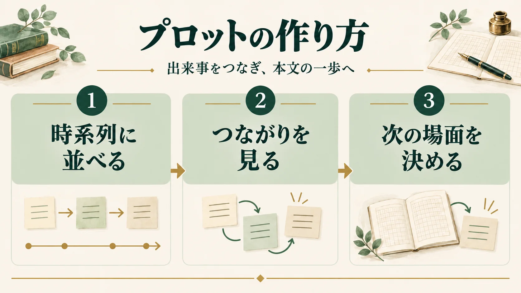 プロットを作る流れ。出来事を時系列に並べ、つながりを見て、次に書く場面を決める。