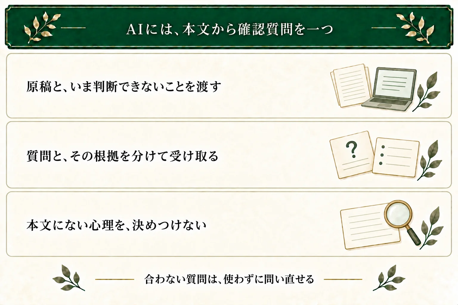 AIには止まっている本文と判断できないことを渡し、確認質問と根拠を分けて返してもらう。人物の心理や詰まりの原因を断定しない。