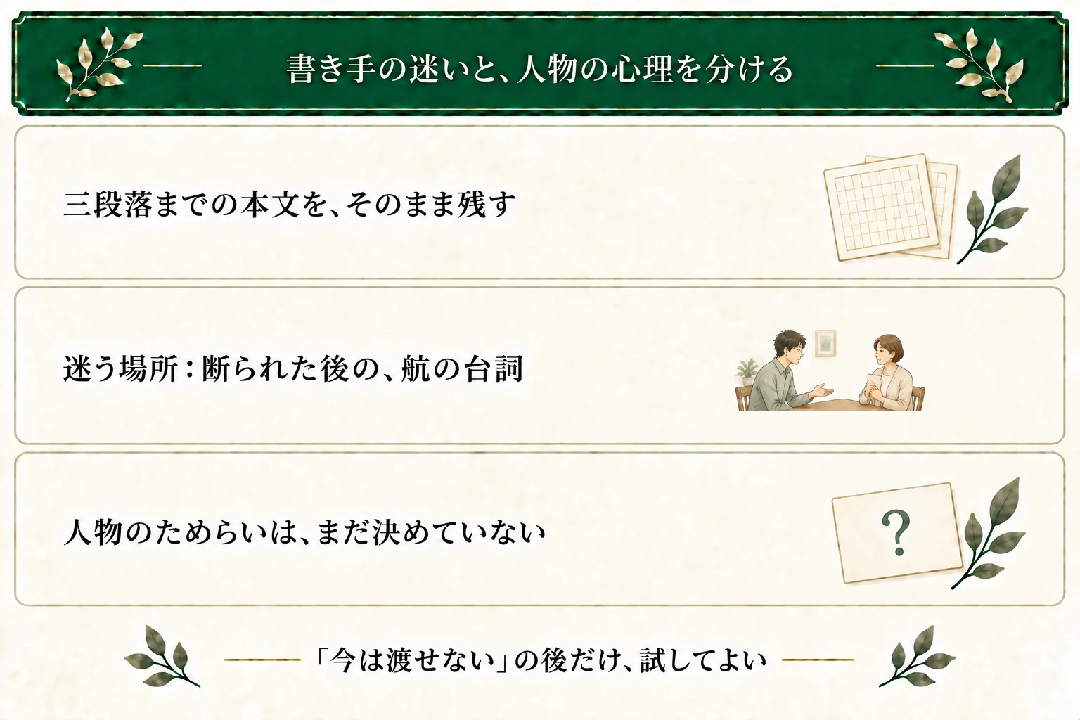 叔母に父の手紙を渡せないと言われた航の三段落を残す。作者が迷う次の台詞と、本文に書かれていない航の心理を分ける。