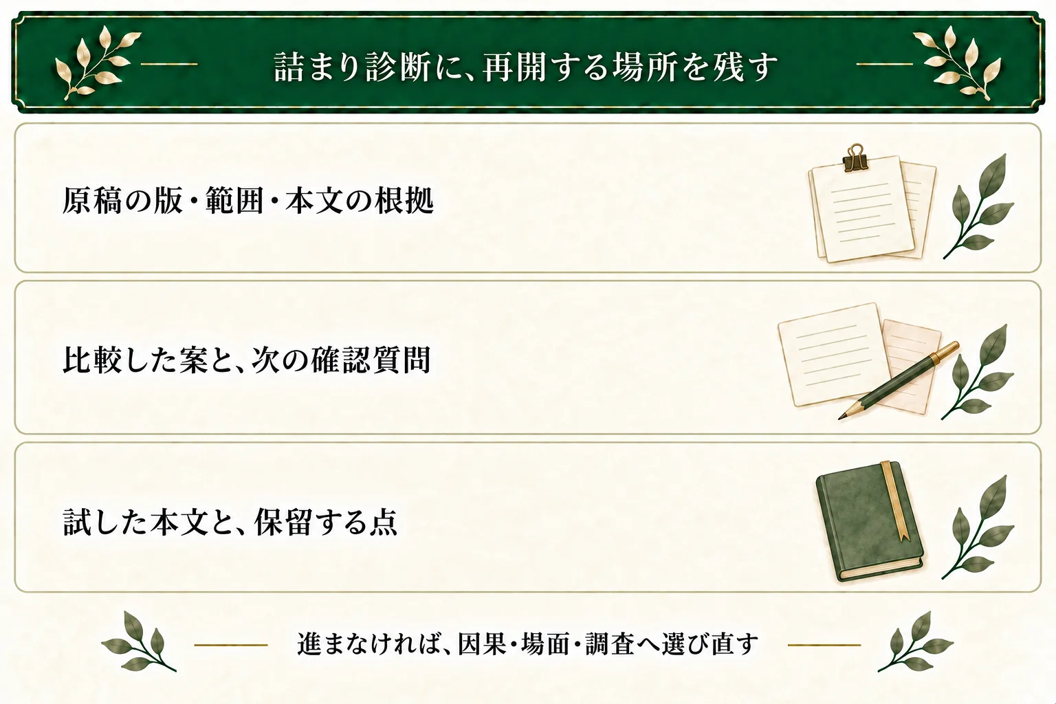 詰まり診断に原稿の版と範囲、本文の根拠、比較した案、確認質問、試作と未定の点を保存し、進まなければ別の作業を選ぶ。