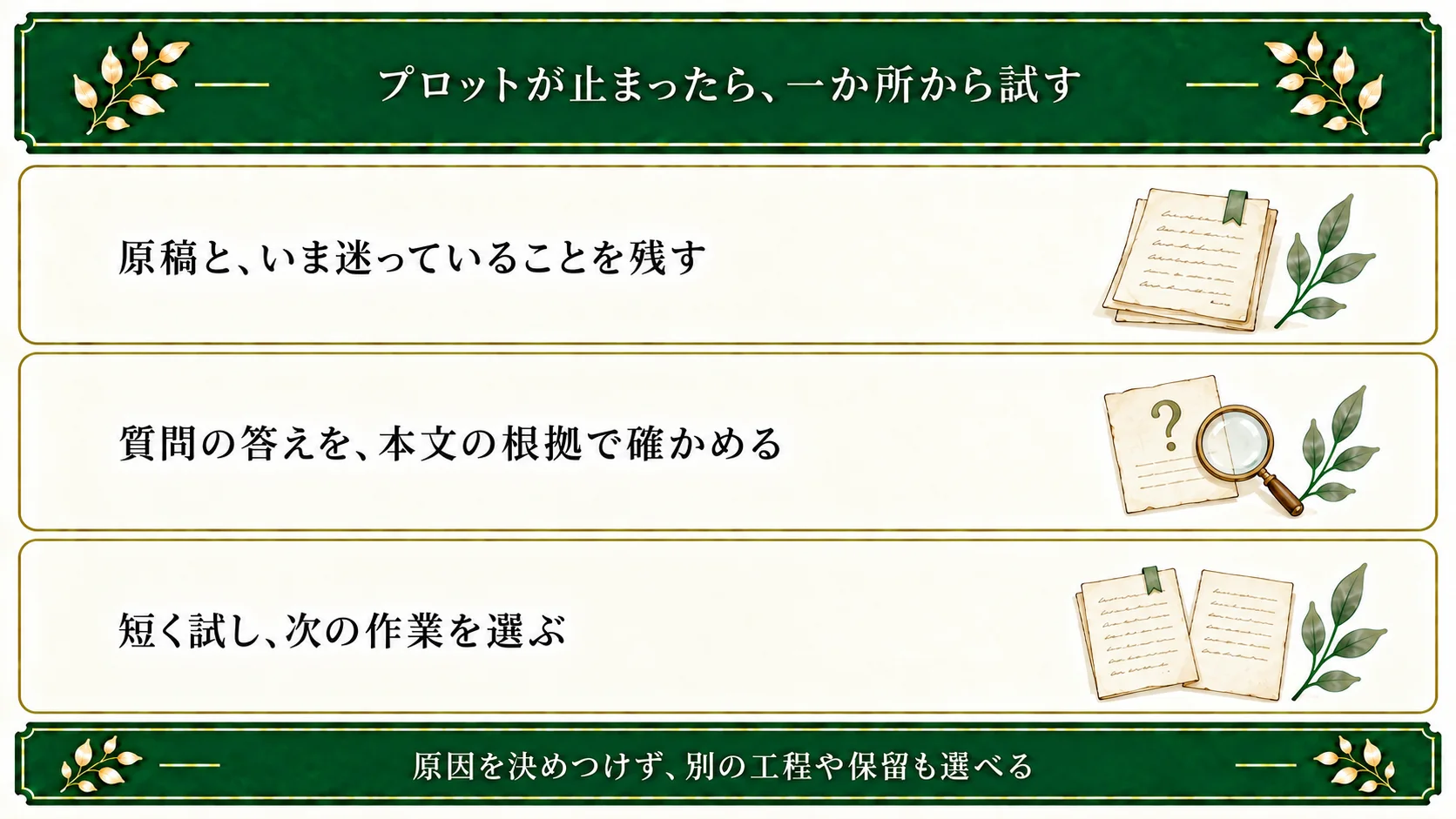 プロットが作れないときは原稿と今迷っていることを一つ残し、質問の答えを本文で確かめ、短い試作や次の作業を選ぶ。
