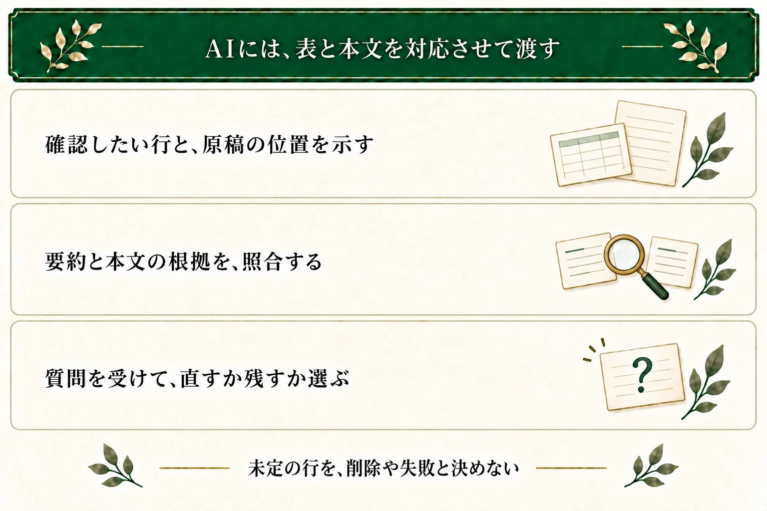 AIには確認したいプロット表の行、本文や構想、原稿の位置を渡し、要約と根拠を照合してもらう。質問を受けて修正・維持・保留を選ぶ。