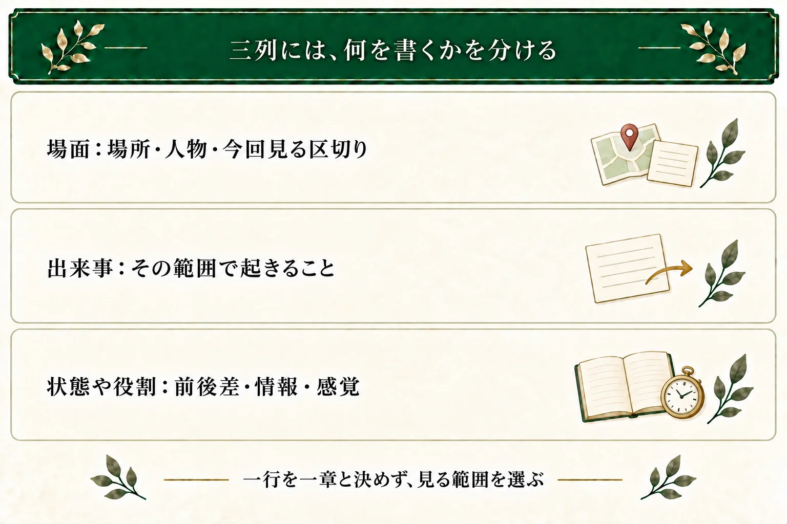 三列には場面の場所や人物と区切り、範囲内の出来事、状態の前後差または情報や感覚などの役割を書く。一行を一章と決める必要はない。