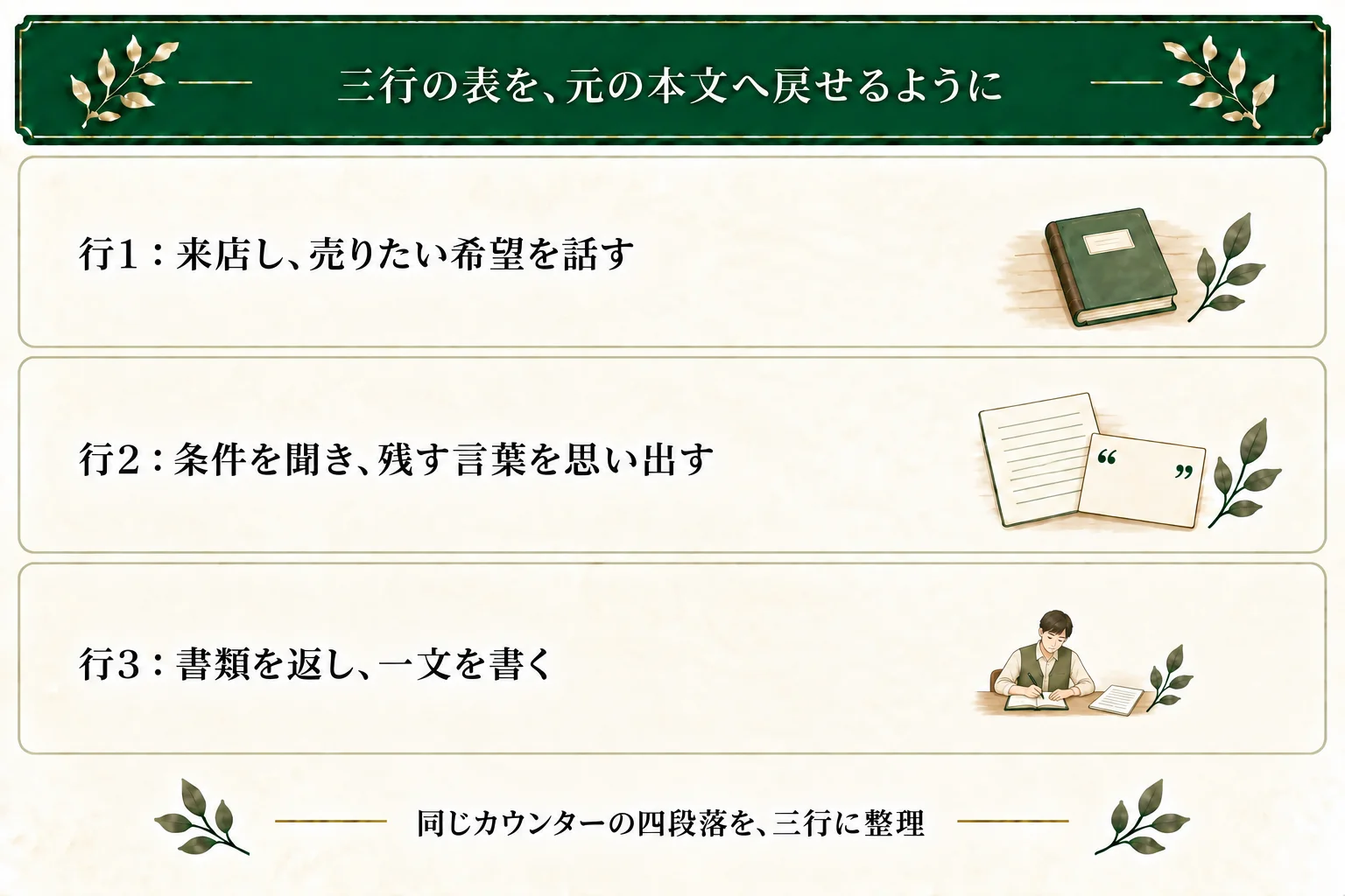 記憶を売る店の四段落を三行へ整理する。来店と希望、取引条件と残したい友人の言葉、署名せず書類を返して一文を書く、を元の段落へ対応させる。