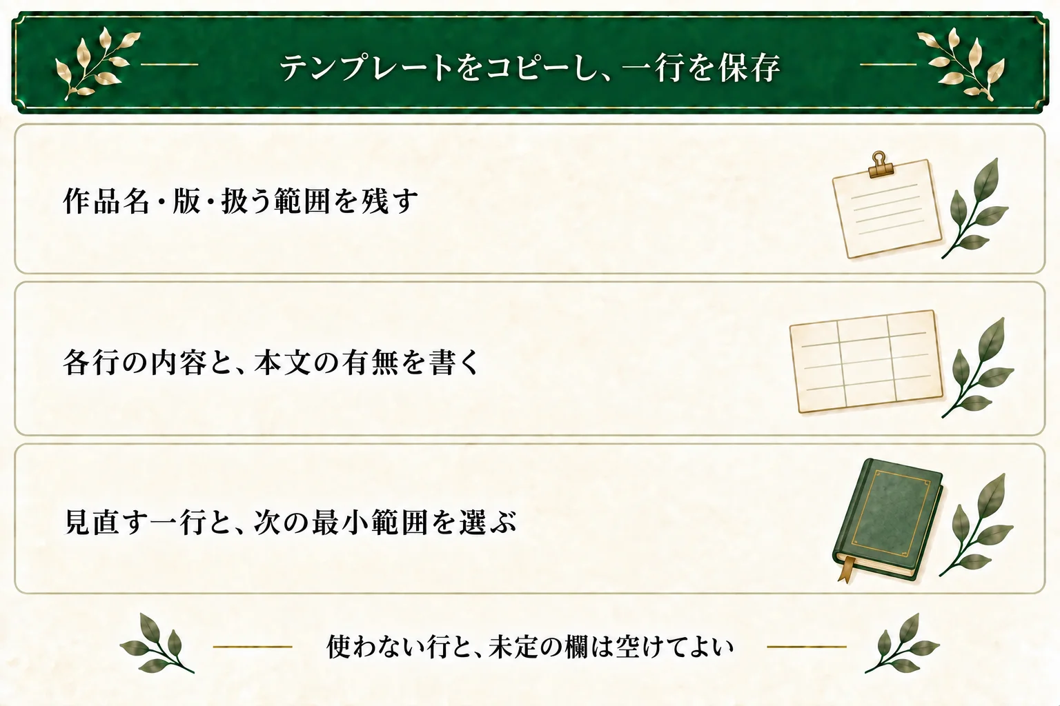 コピー用プロット表に作品名と版、扱う範囲、各行の場面・出来事・状態や役割と本文の有無を残し、見直す一行と次の最小範囲を選んで保存する。