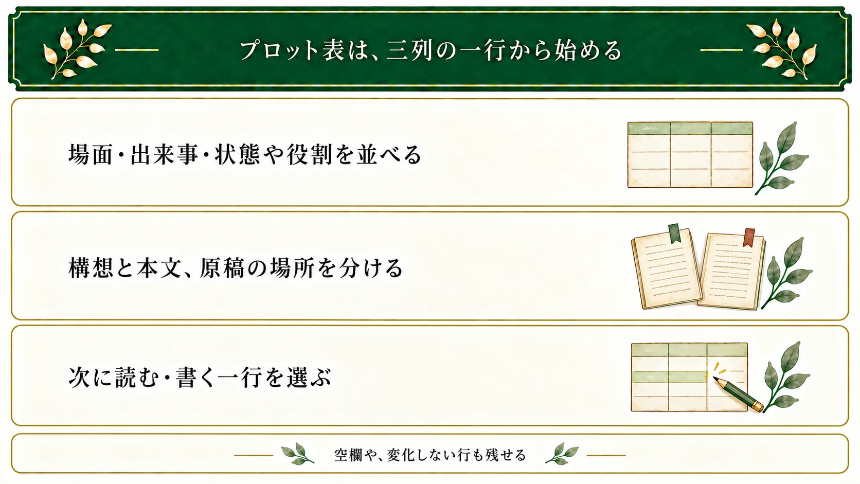 プロット表は場面・出来事・状態や役割の三列で一行から始め、構想と本文の有無を分けて原稿の位置を残し、次に読むか書く一行を選ぶ。