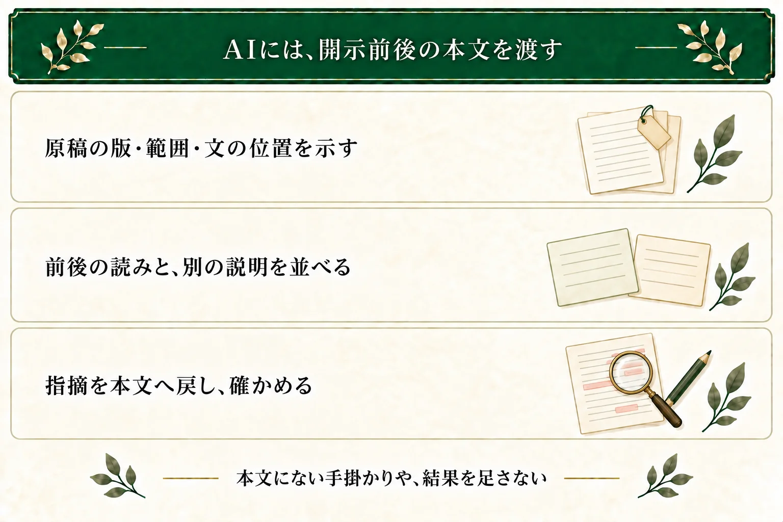 AIには版・範囲・文の位置が分かる開示前後の本文を渡す。別の説明も並べ、指摘を本文で確かめ、手掛かりや結果を勝手に追加しない。