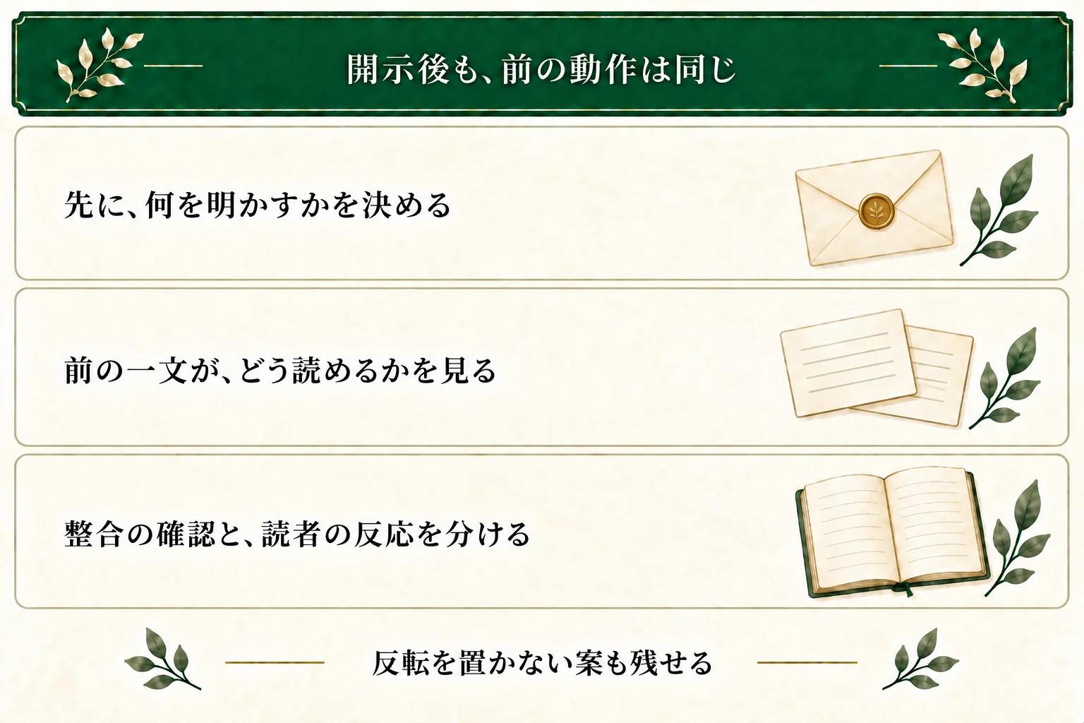 どんでん返しでは開示後も前に書いた動作は変わらない。開示情報と一文の読み方を比べ、読者が驚くかは別に扱い、反転なしの案も残す。