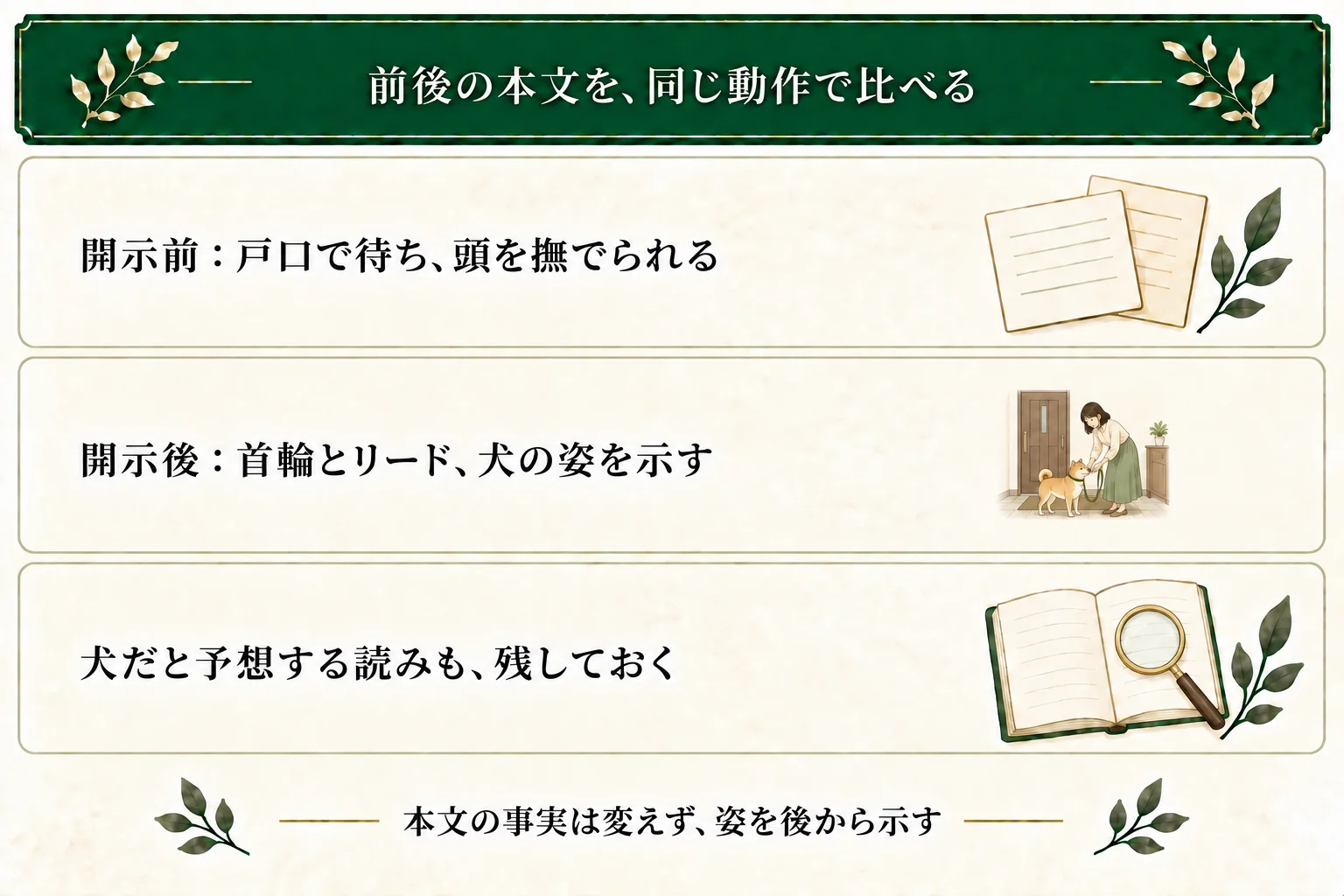 作例では戸口で待ち頭を撫でられる語り手を、首輪・リードと柴犬の姿で後から示す。前から犬を予想する読みもあり、本文の事実は変えない。
