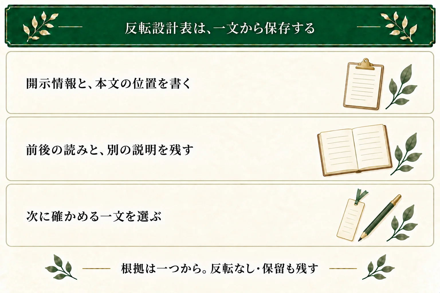 反転設計表に開示情報と本文位置、一文の前後の読み方と別の説明を書き、次に確かめる一文を選ぶ。任意欄は空欄でよく、反転なしや保留も保存できる。