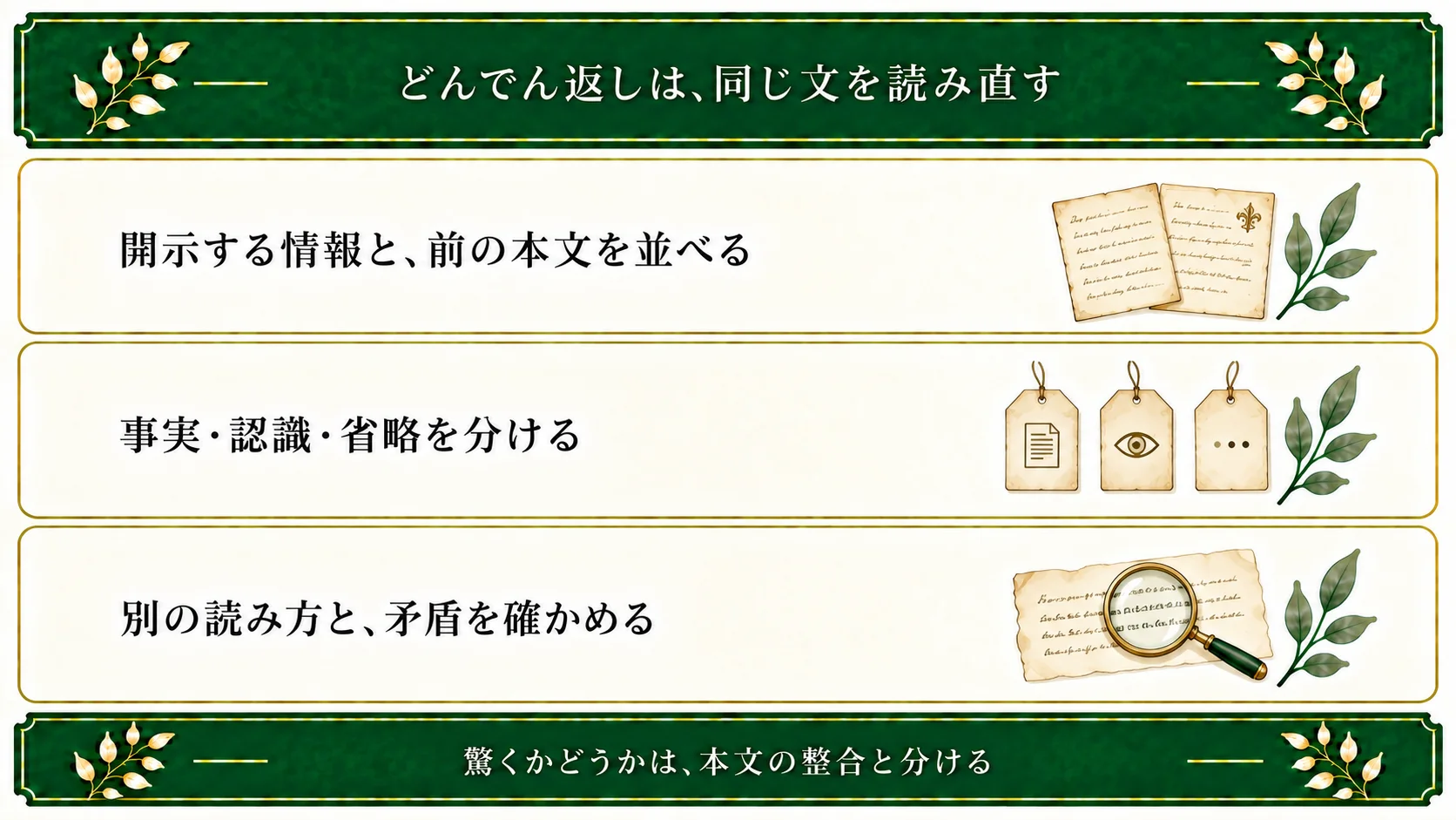 どんでん返しは開示する情報と前の本文を並べ、事実・認識・省略を分け、別の読み方と矛盾を確かめる。驚きの反応と本文の整合を区別する。