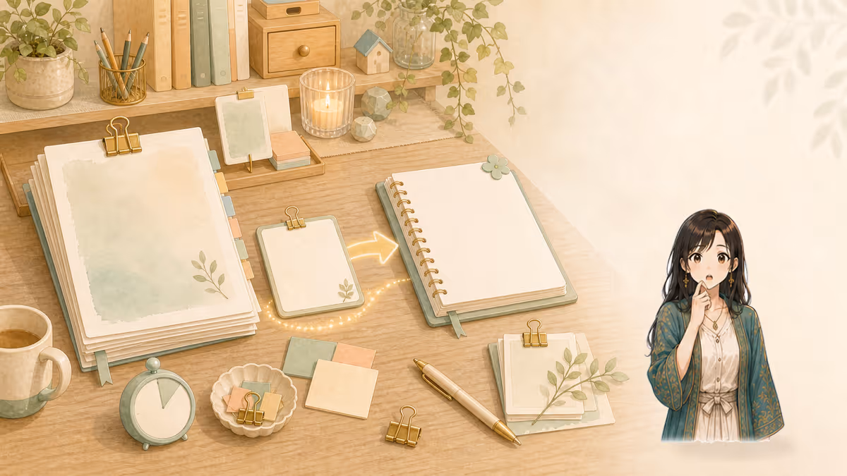 コトハが完成原稿から次作への引き継ぎメモを残す創作アトリエの挿絵