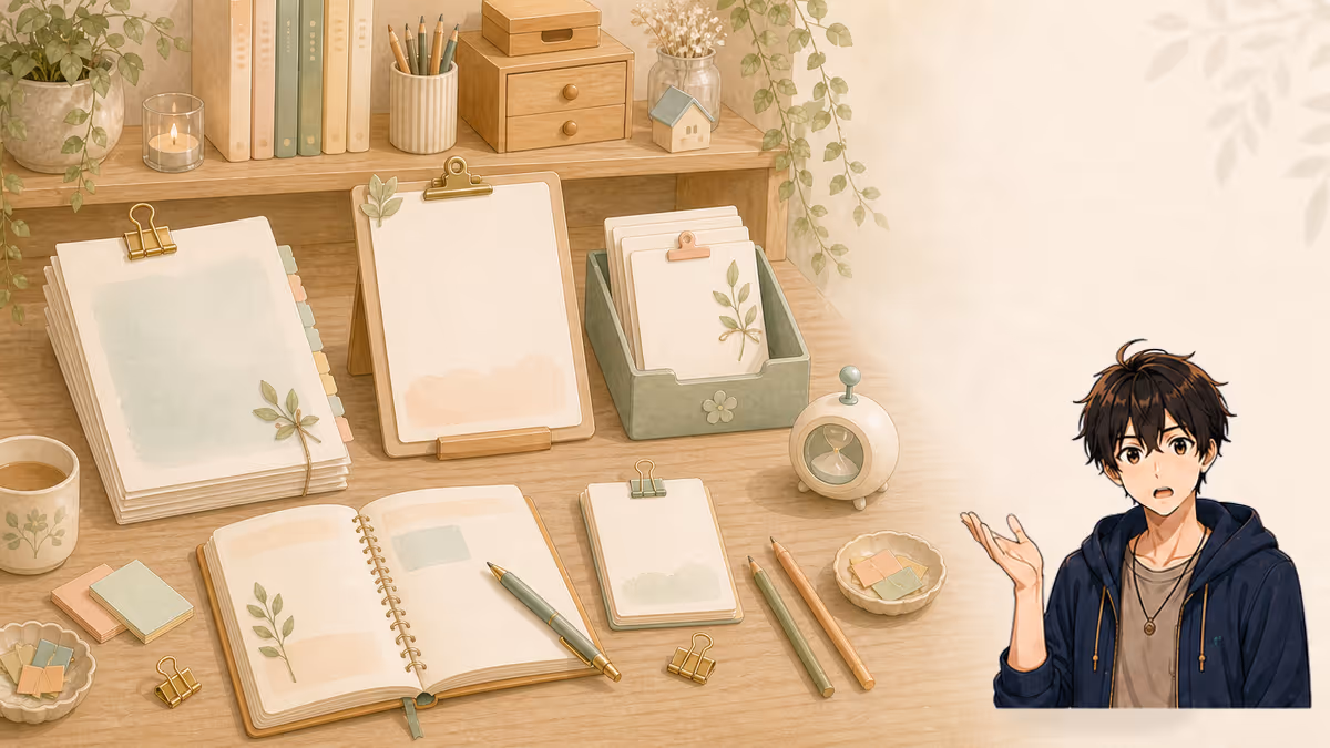 ソウマが振り返りメモと次作の種カードを前に考える創作アトリエの挿絵