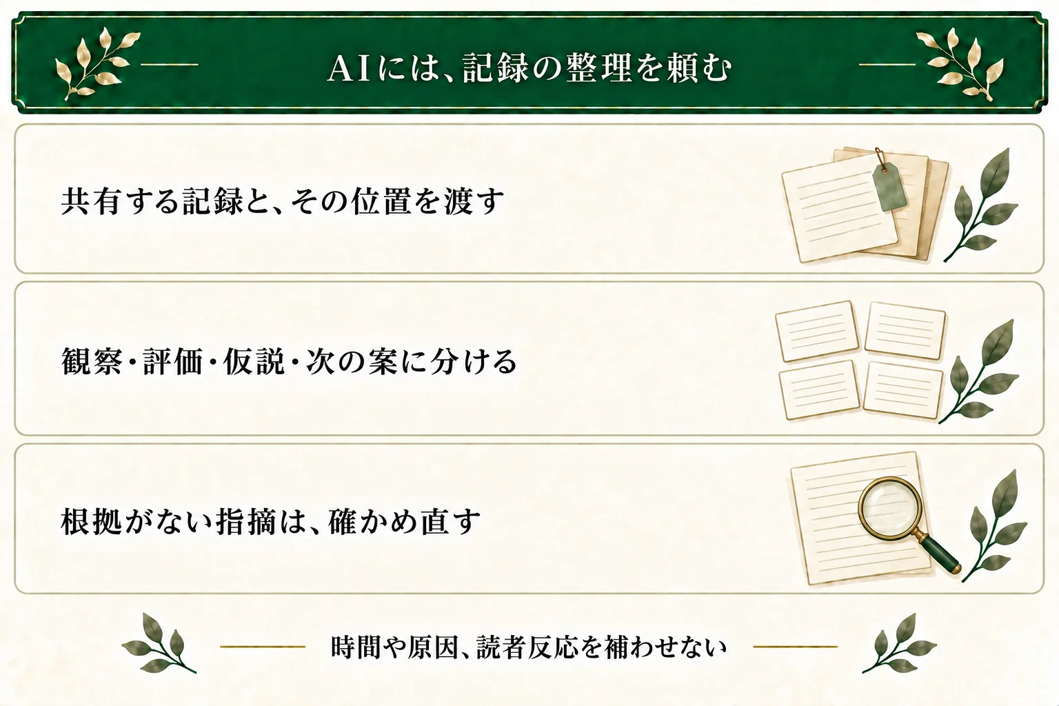 AIには共有してよい記録とその位置を渡し、観察・評価・仮説・次の案へ整理する。根拠のない指摘は確かめ直し、時間や原因、読者反応を補わせない。
