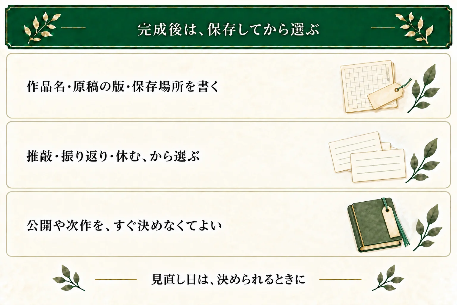 完成後は作品名、原稿の版と保存場所を残し、推敲・振り返り・休むことから選ぶ。公開や次作、見直し日をすぐに決める必要はない。
