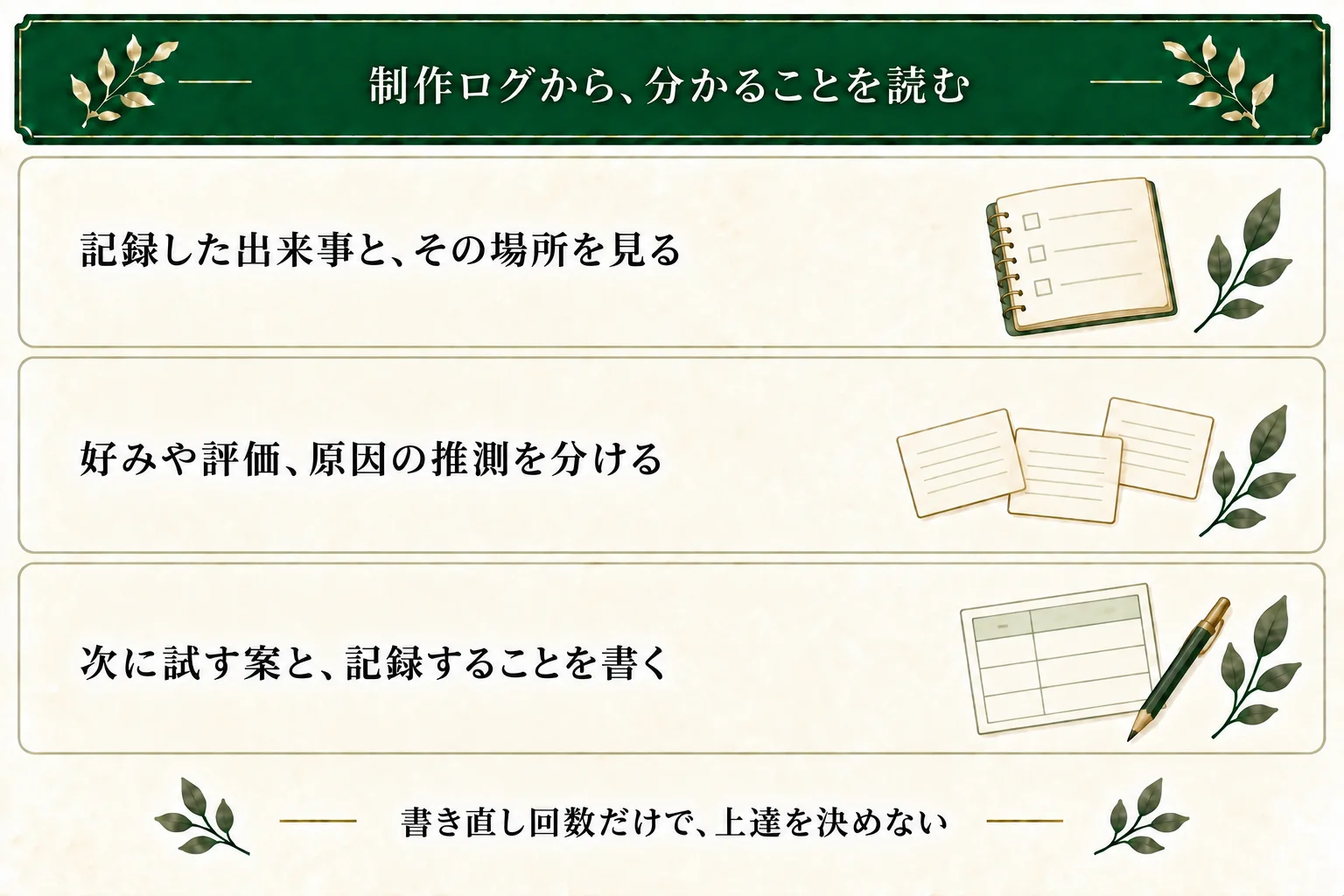 制作ログの出来事と位置を確認し、作者の好みや評価、原因の推測を分ける。次に試す案と観察方法を残し、書き直し回数だけで上達を判断しない。