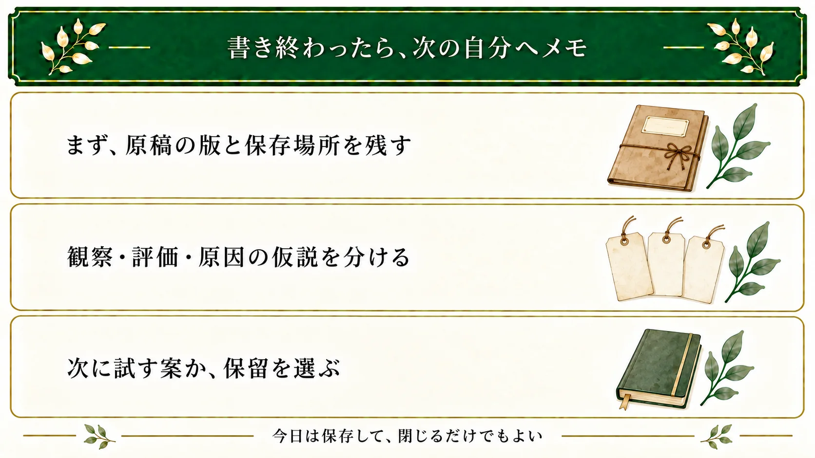 小説を書き終わったら、まず原稿の版と保存場所を残す。観察と評価、原因の仮説を分け、次に試す案または保留を選ぶ。今日は保存だけでもよい。