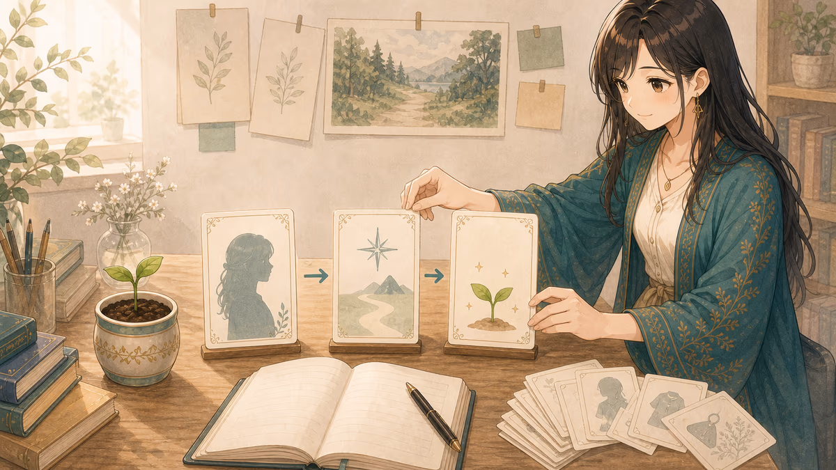 コトハが主人公と目的と変化を示す三枚のカードを並べているアトリエの挿絵
