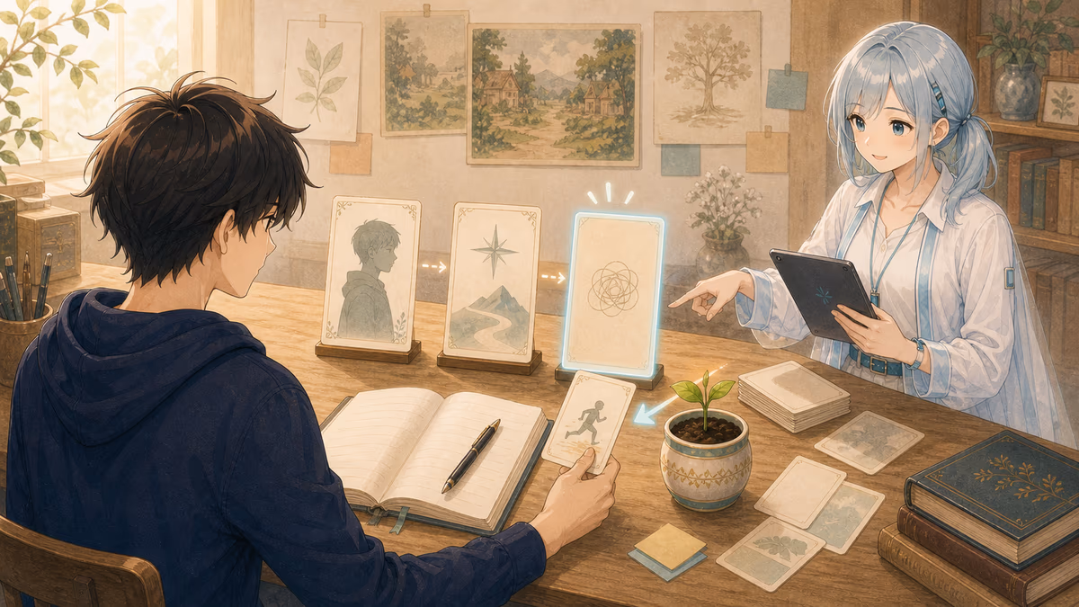 ミラが三つのカードのうち弱い空欄を示しているアトリエの挿絵